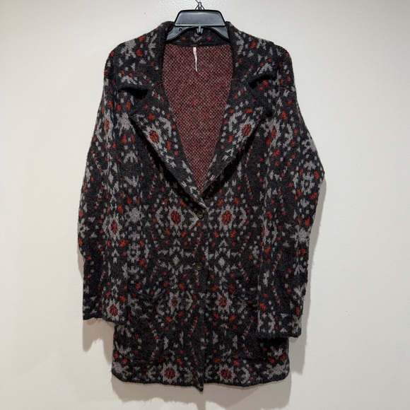 Free People Sweaters - Free People Black Aztec Geo Print Long Cozy Jacket XS XSmall Wool Alpaca Fall